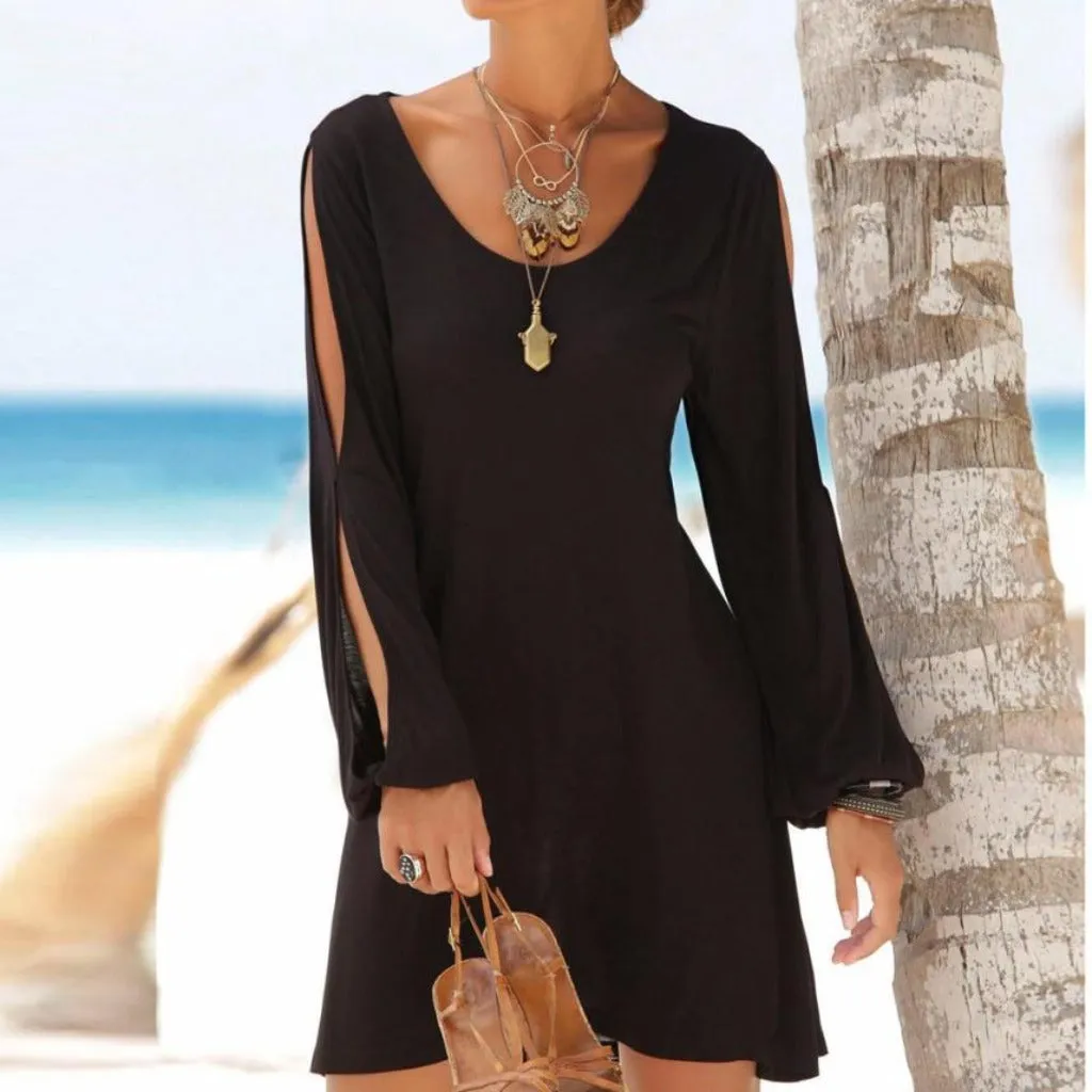 Hollow Out Lantern Sleeve O Neck Loose Straight Mini Dress