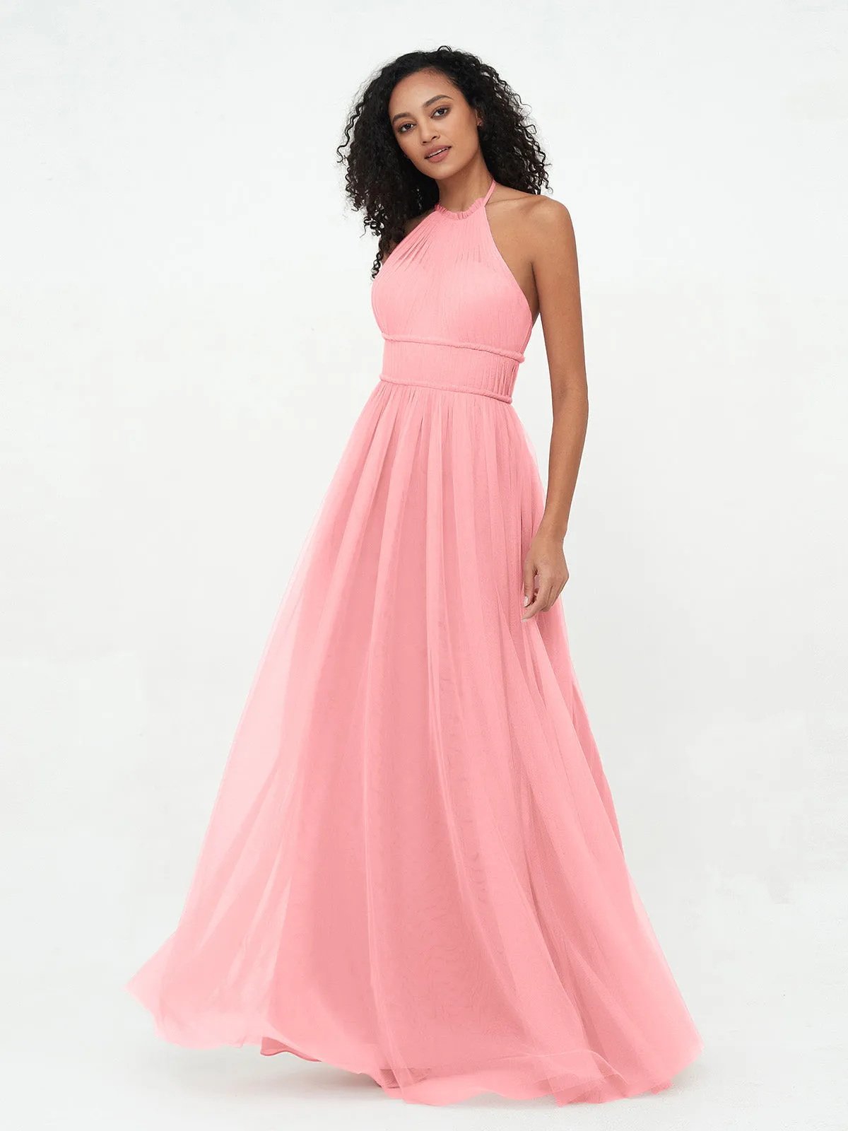 Illusion Halter Tulle Maxi Boho Dresses-Flamingo