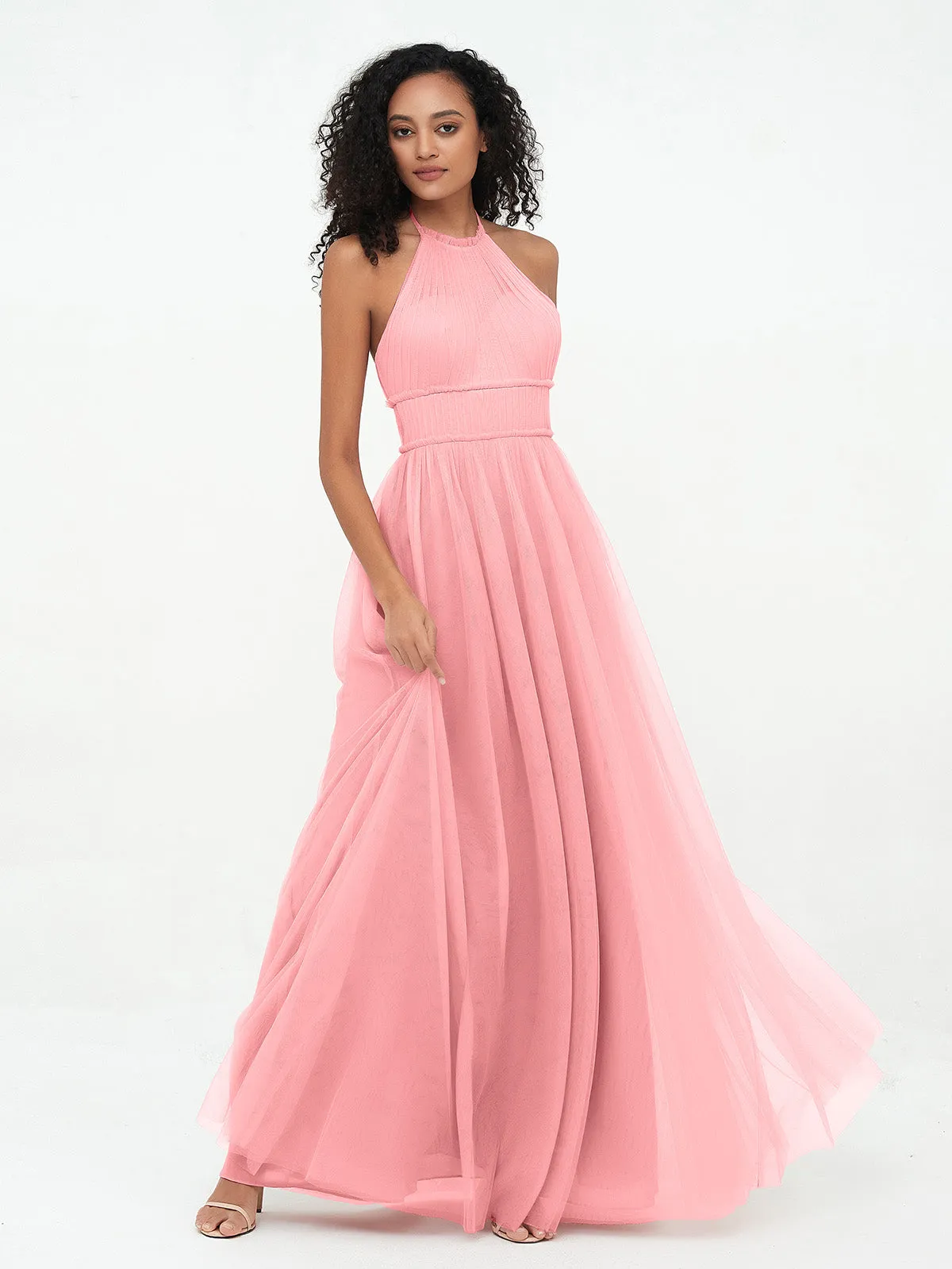 Illusion Halter Tulle Maxi Boho Dresses-Flamingo