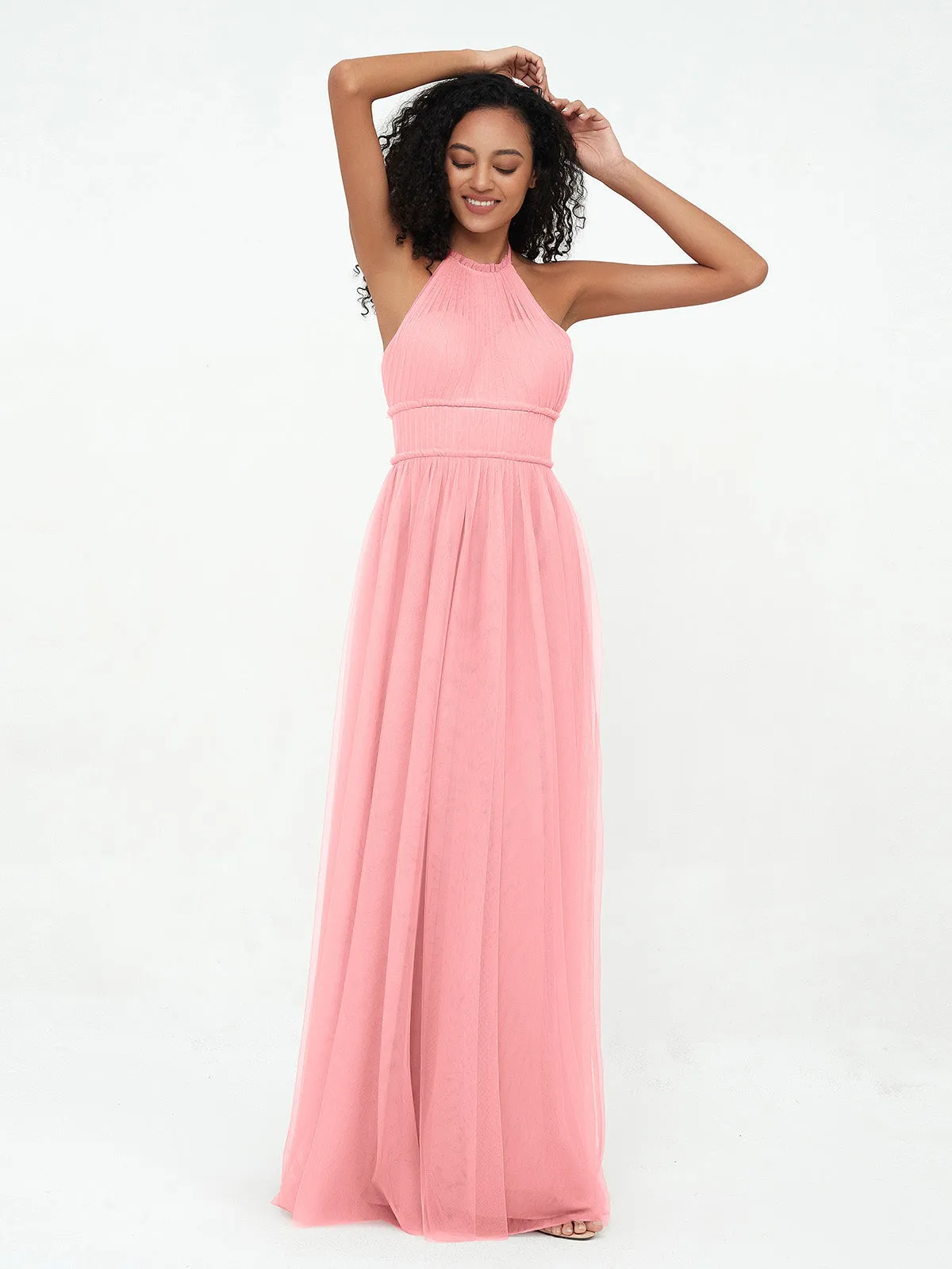 Illusion Halter Tulle Maxi Boho Dresses-Flamingo