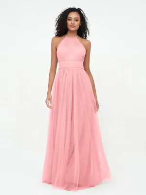 Illusion Halter Tulle Maxi Boho Dresses-Flamingo