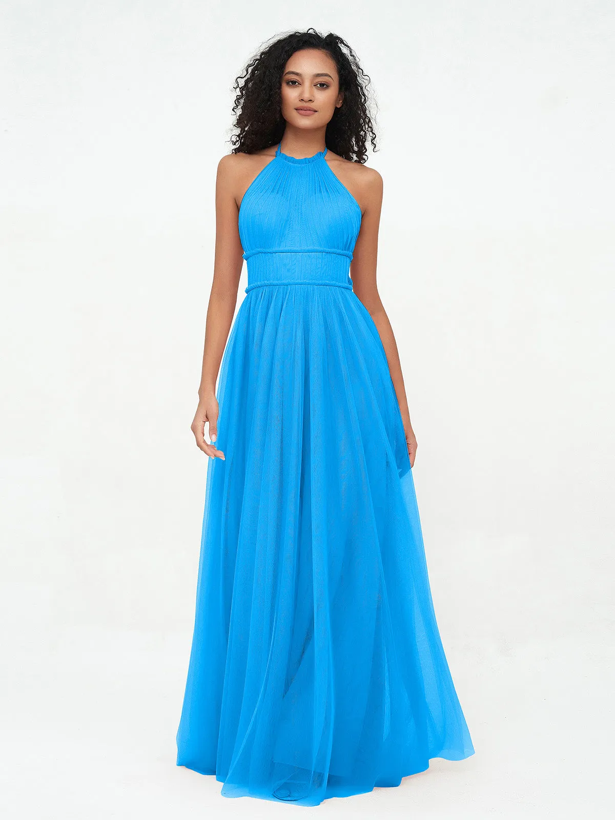 Illusion Halter Tulle Maxi Boho Dresses-Ocean Blue Plus Size