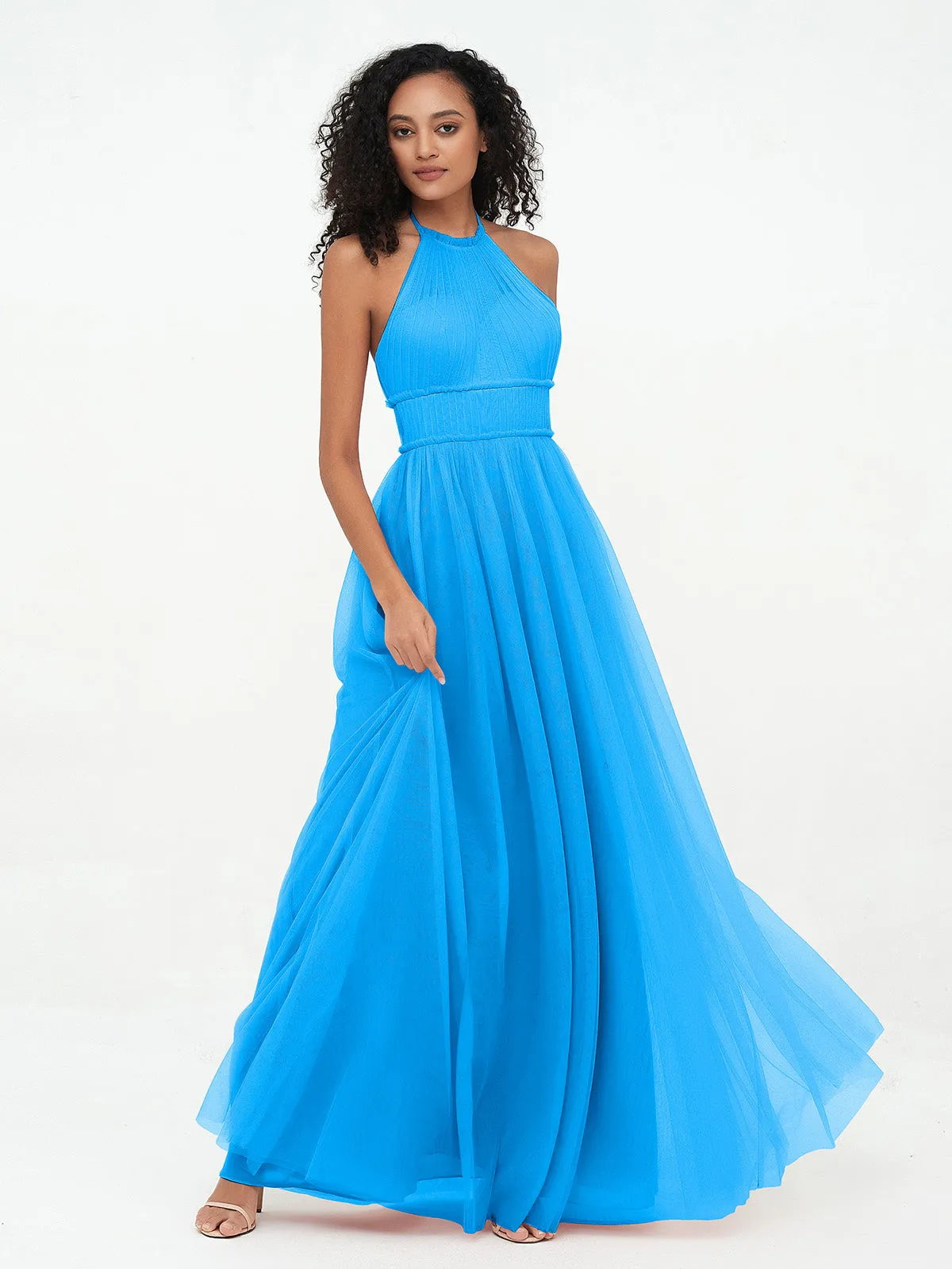 Illusion Halter Tulle Maxi Boho Dresses-Ocean Blue Plus Size