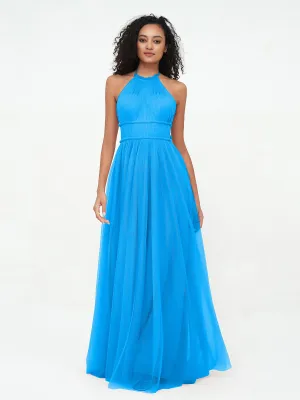Illusion Halter Tulle Maxi Boho Dresses-Ocean Blue Plus Size