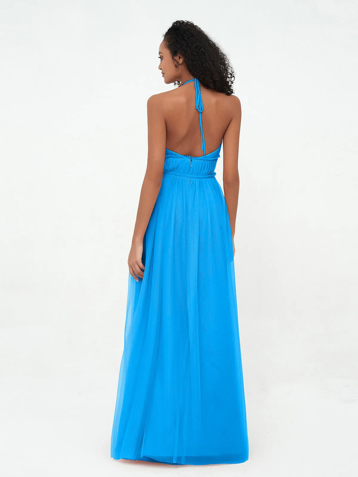 Illusion Halter Tulle Maxi Boho Dresses-Ocean Blue Plus Size