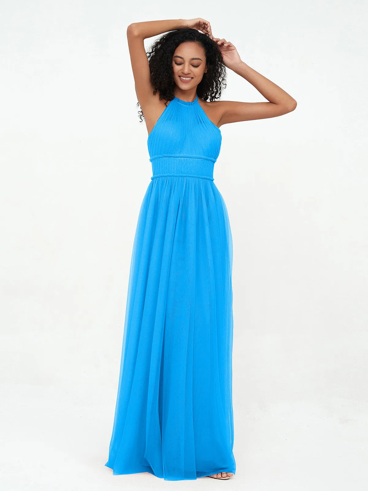 Illusion Halter Tulle Maxi Boho Dresses-Ocean Blue Plus Size