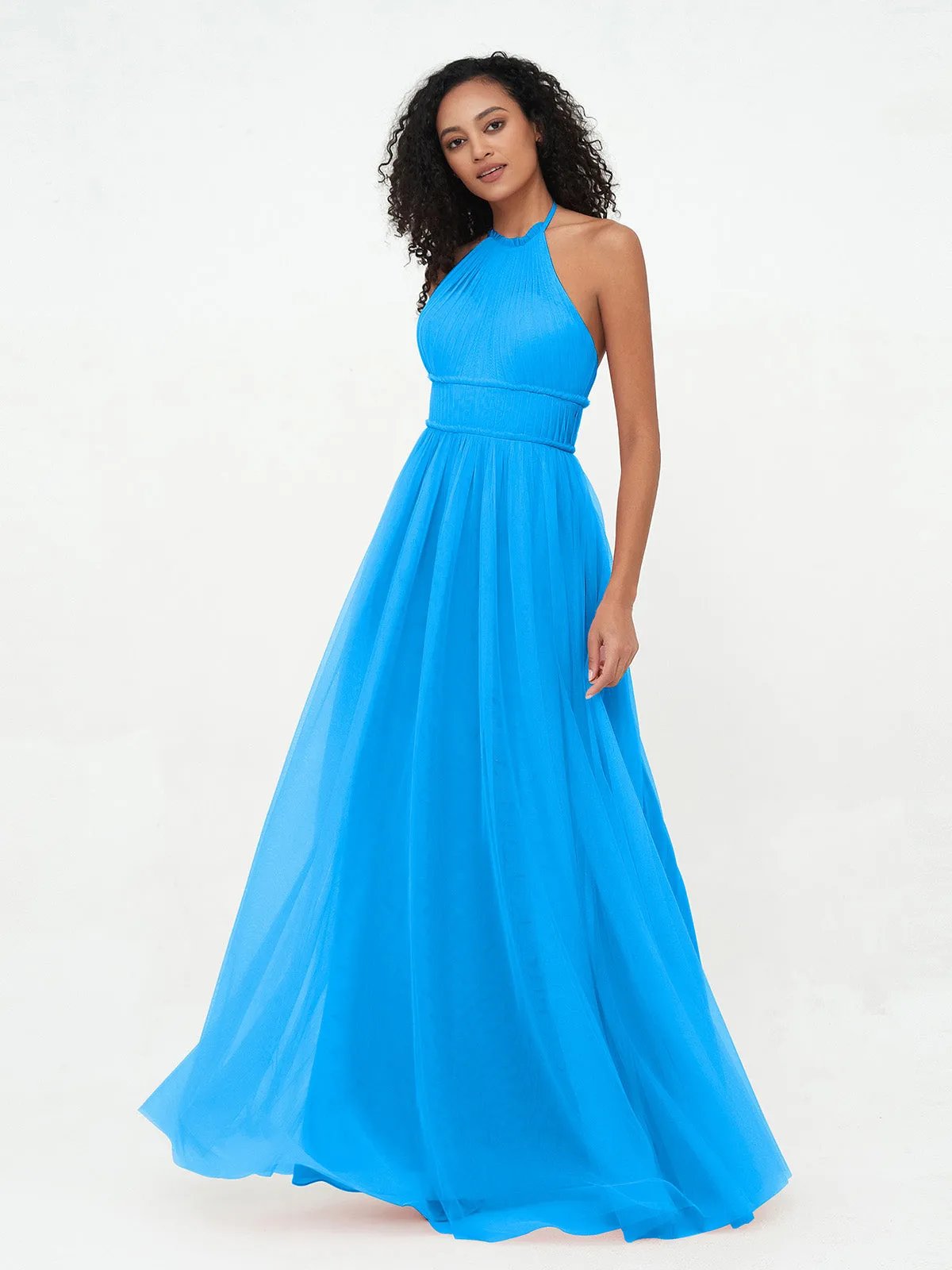 Illusion Halter Tulle Maxi Boho Dresses-Ocean Blue Plus Size