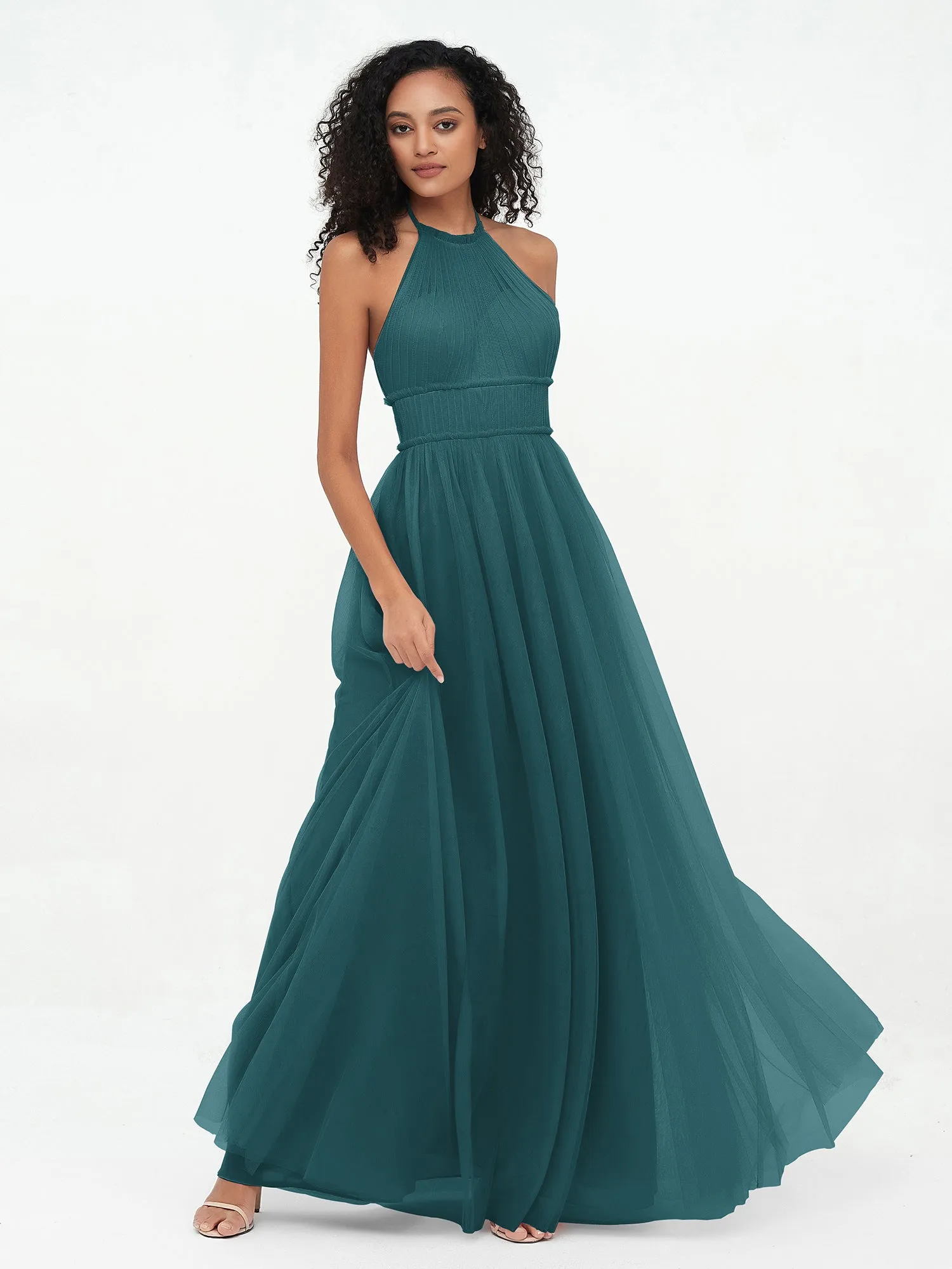 Illusion Halter Tulle Maxi Boho Dresses-Peacock Plus Size