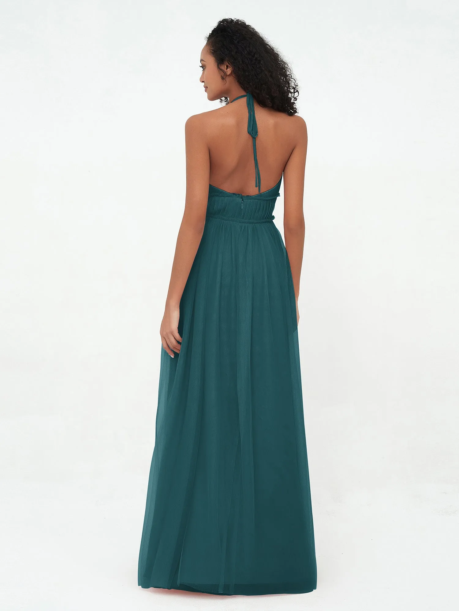 Illusion Halter Tulle Maxi Boho Dresses-Peacock Plus Size