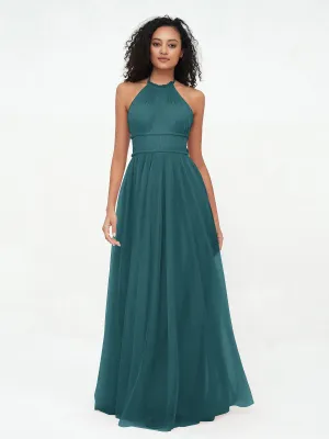 Illusion Halter Tulle Maxi Boho Dresses-Peacock Plus Size