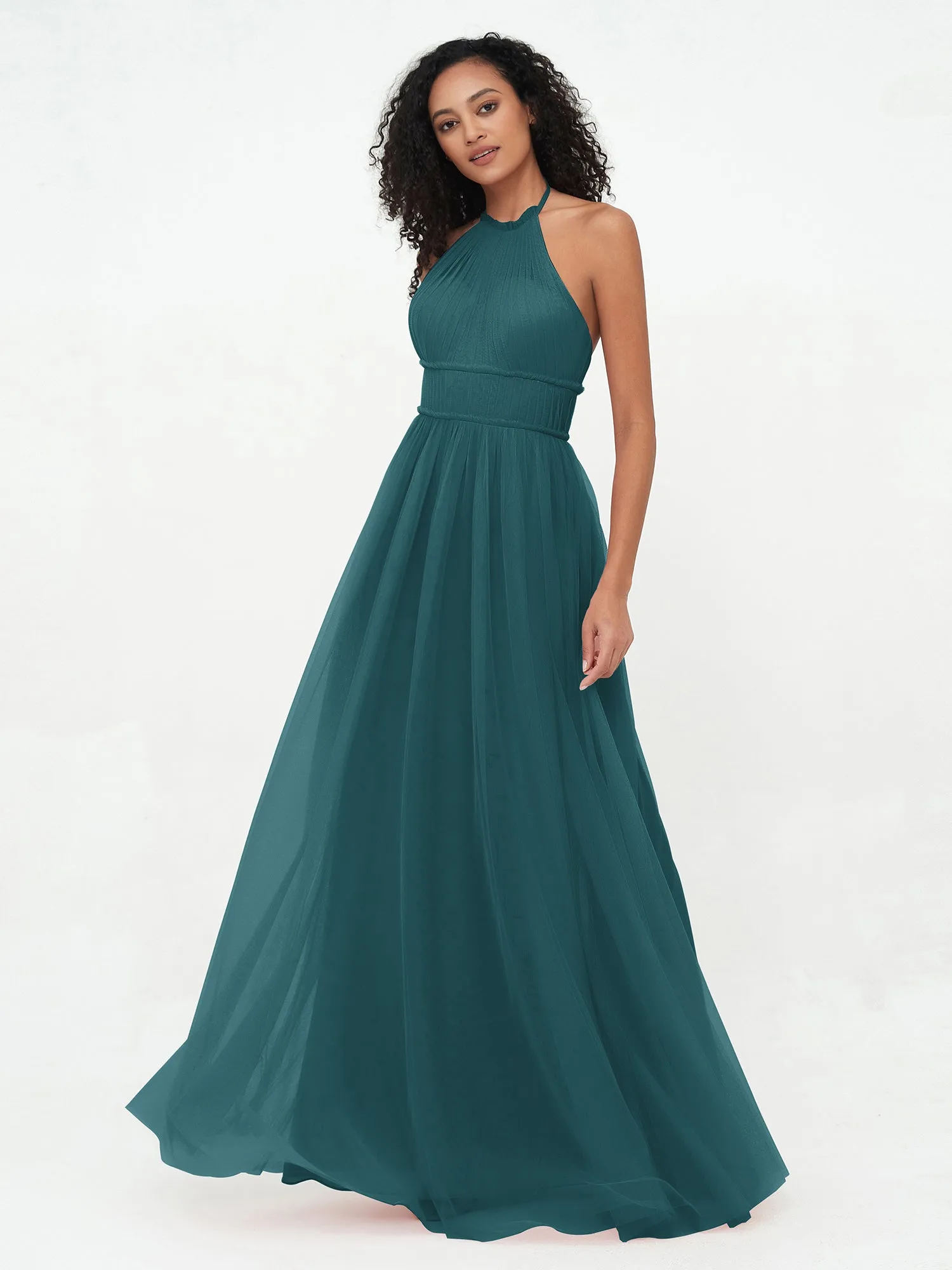 Illusion Halter Tulle Maxi Boho Dresses-Peacock Plus Size