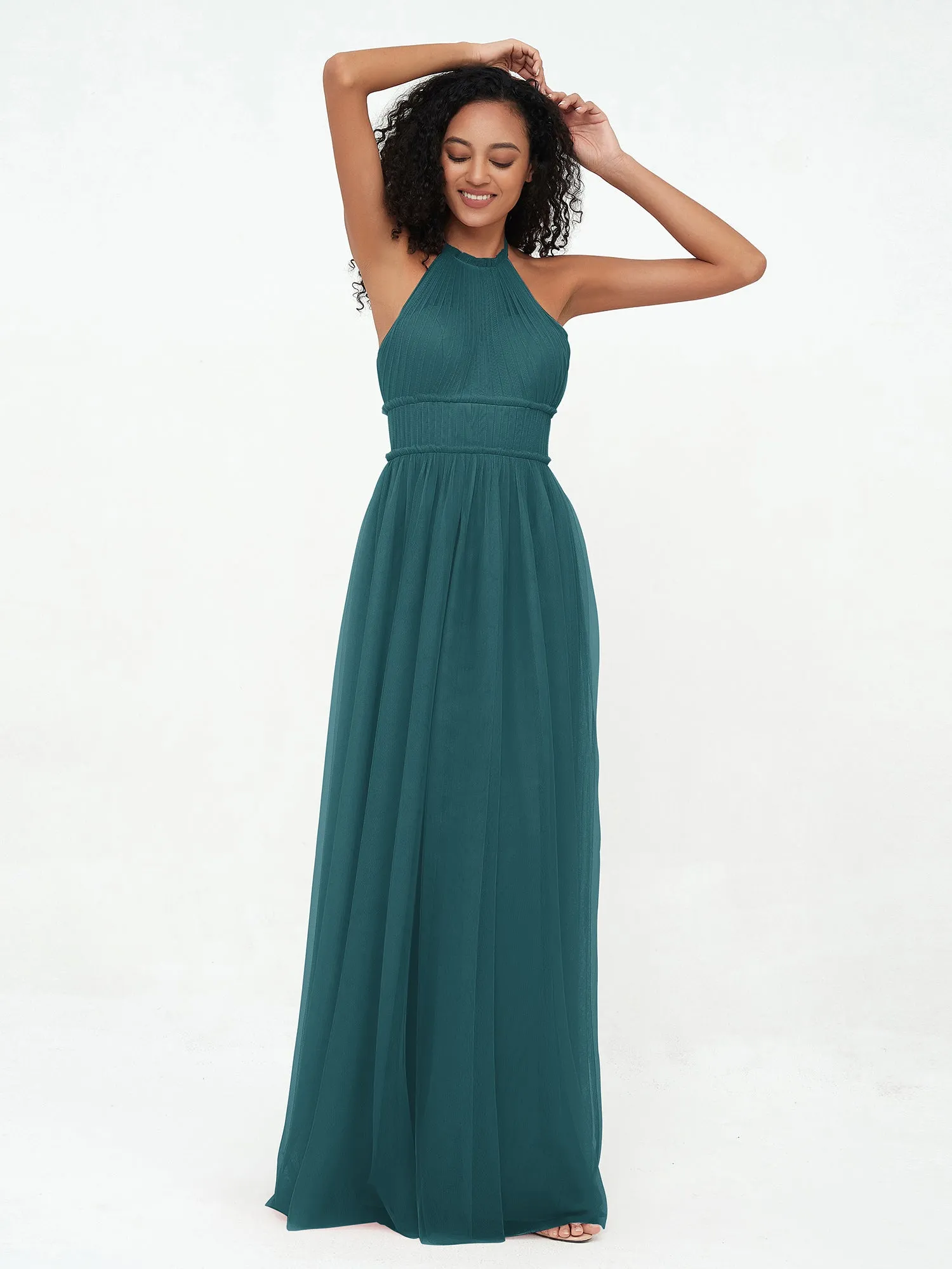 Illusion Halter Tulle Maxi Boho Dresses-Peacock Plus Size