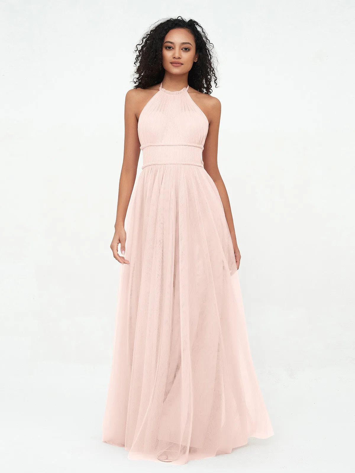 Illusion Halter Tulle Maxi Boho Dresses-Pearl Pink Plus Size