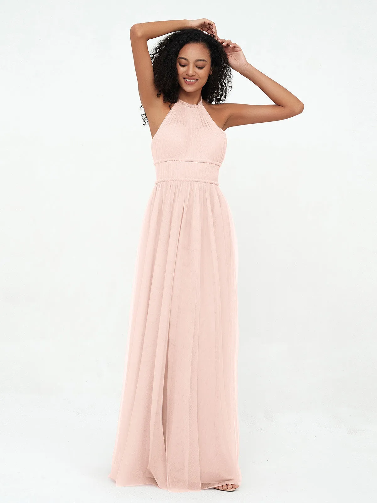 Illusion Halter Tulle Maxi Boho Dresses-Pearl Pink Plus Size