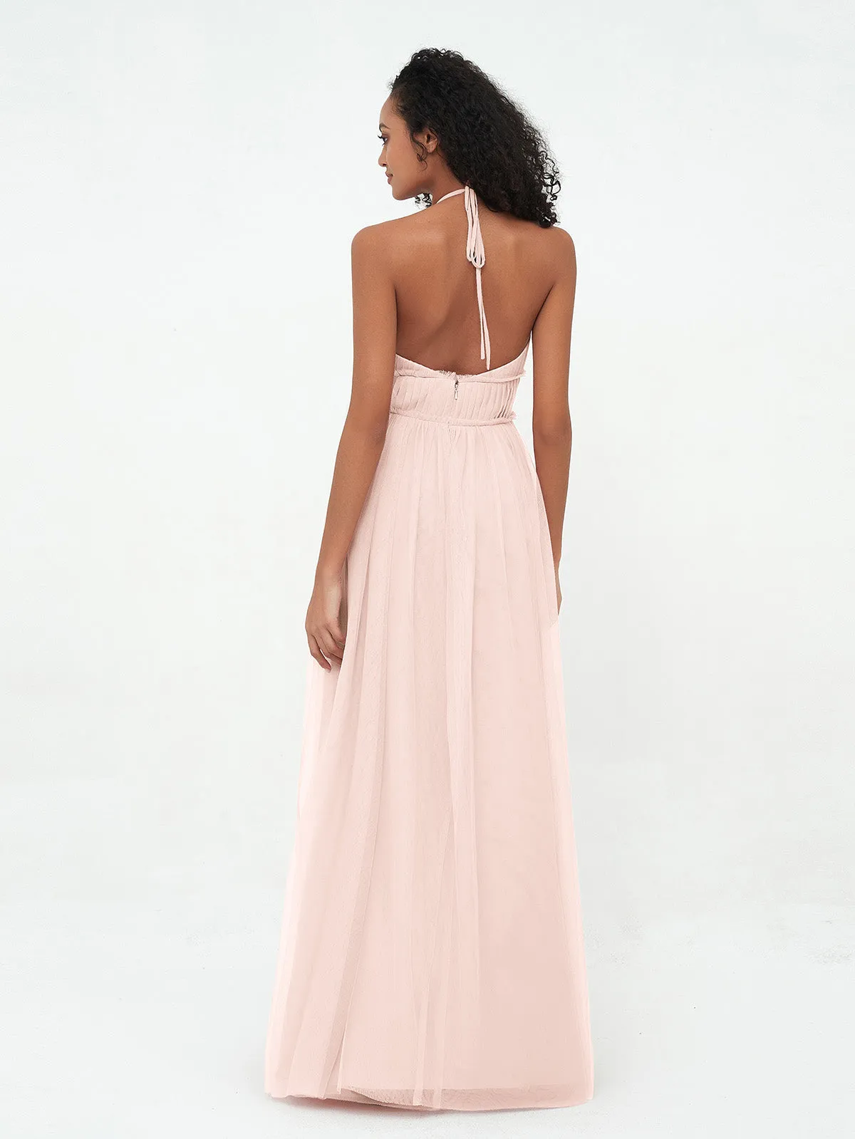 Illusion Halter Tulle Maxi Boho Dresses-Pearl Pink Plus Size