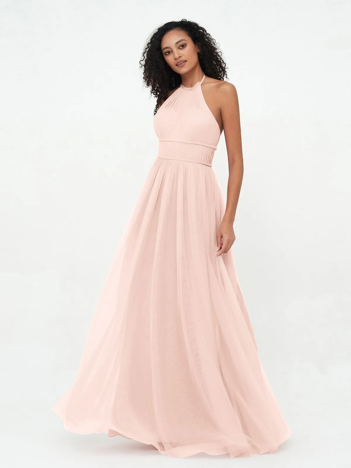 Illusion Halter Tulle Maxi Boho Dresses-Pearl Pink Plus Size