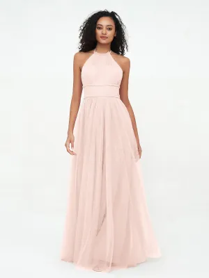 Illusion Halter Tulle Maxi Boho Dresses-Pearl Pink Plus Size