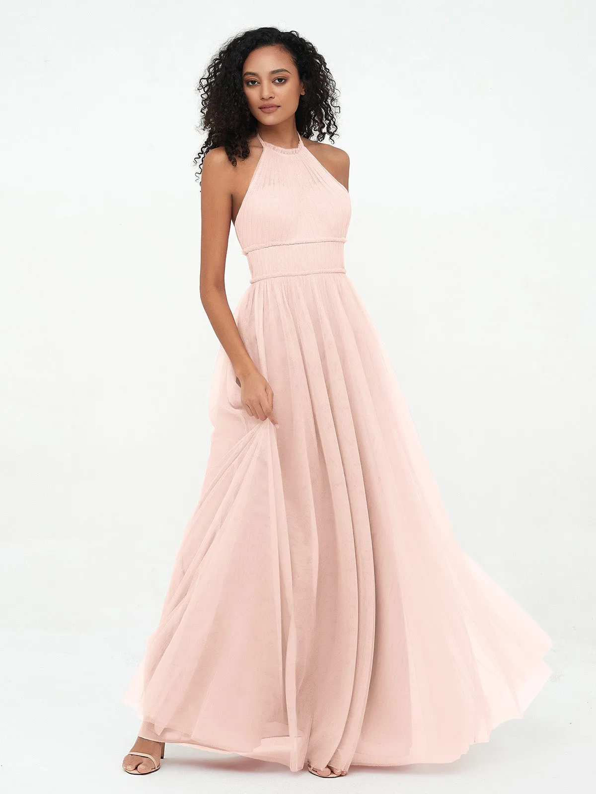Illusion Halter Tulle Maxi Boho Dresses-Pearl Pink Plus Size