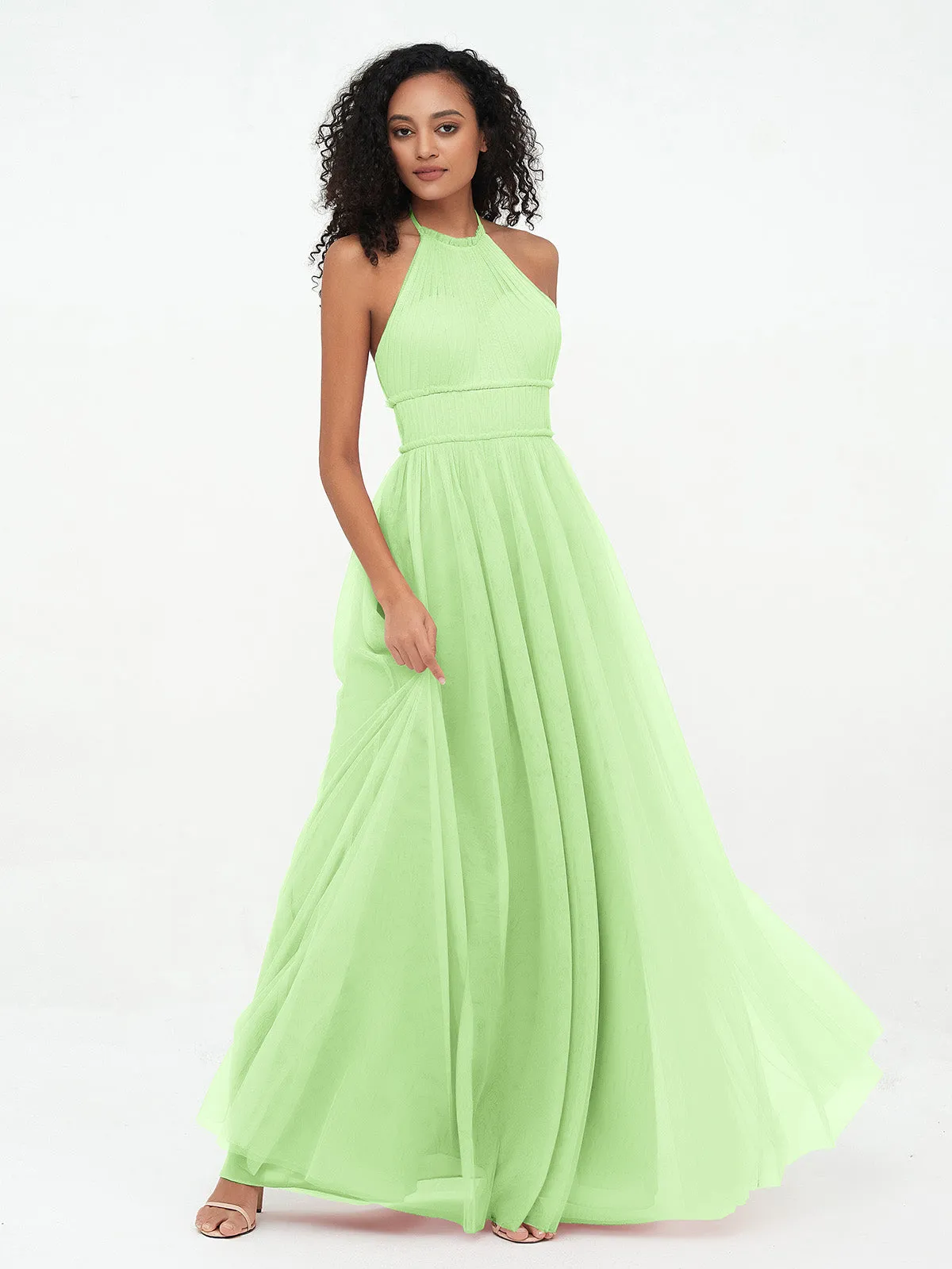 Illusion Halter Tulle Maxi Boho Dresses-Sage Plus Size