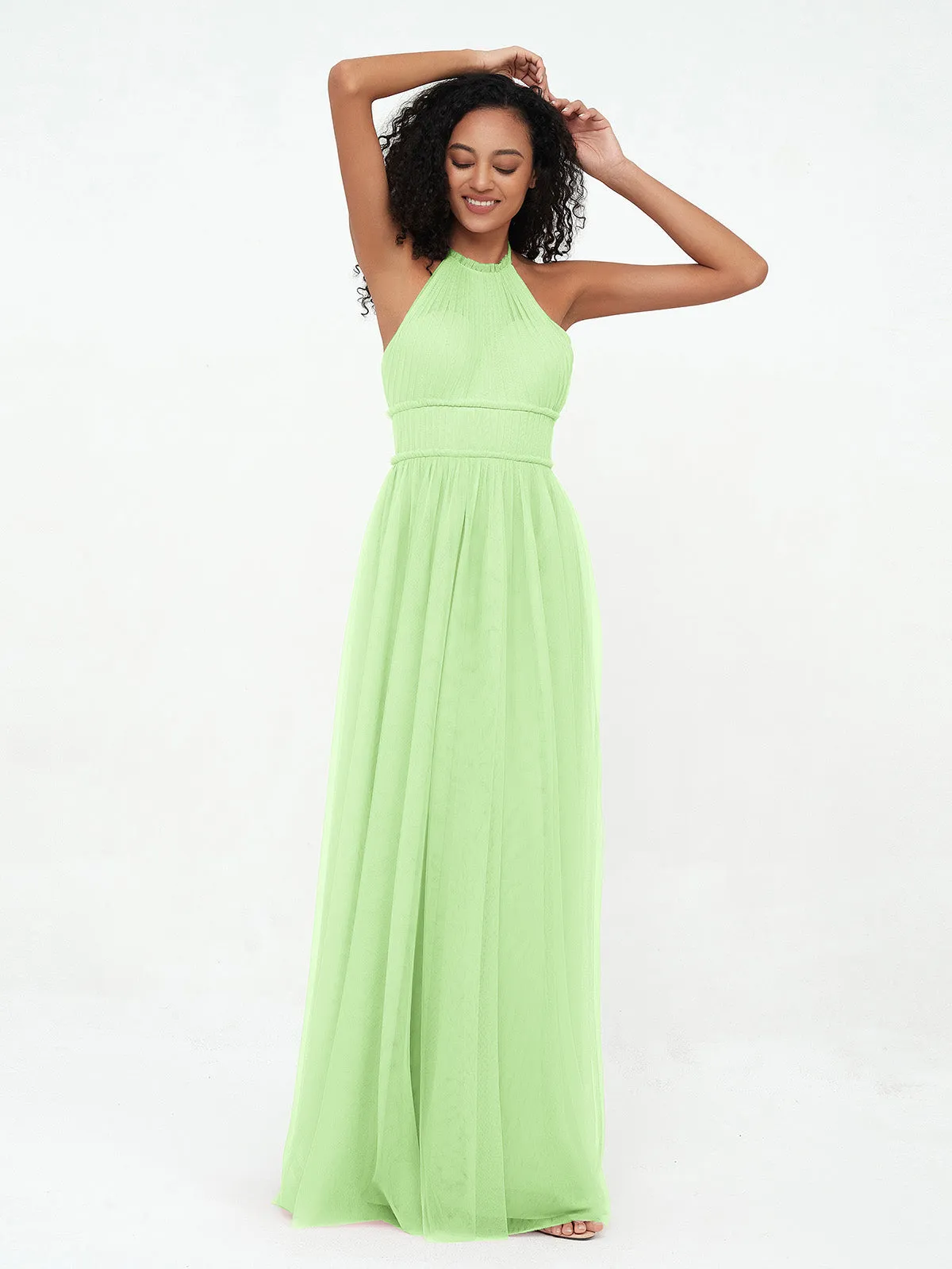 Illusion Halter Tulle Maxi Boho Dresses-Sage Plus Size