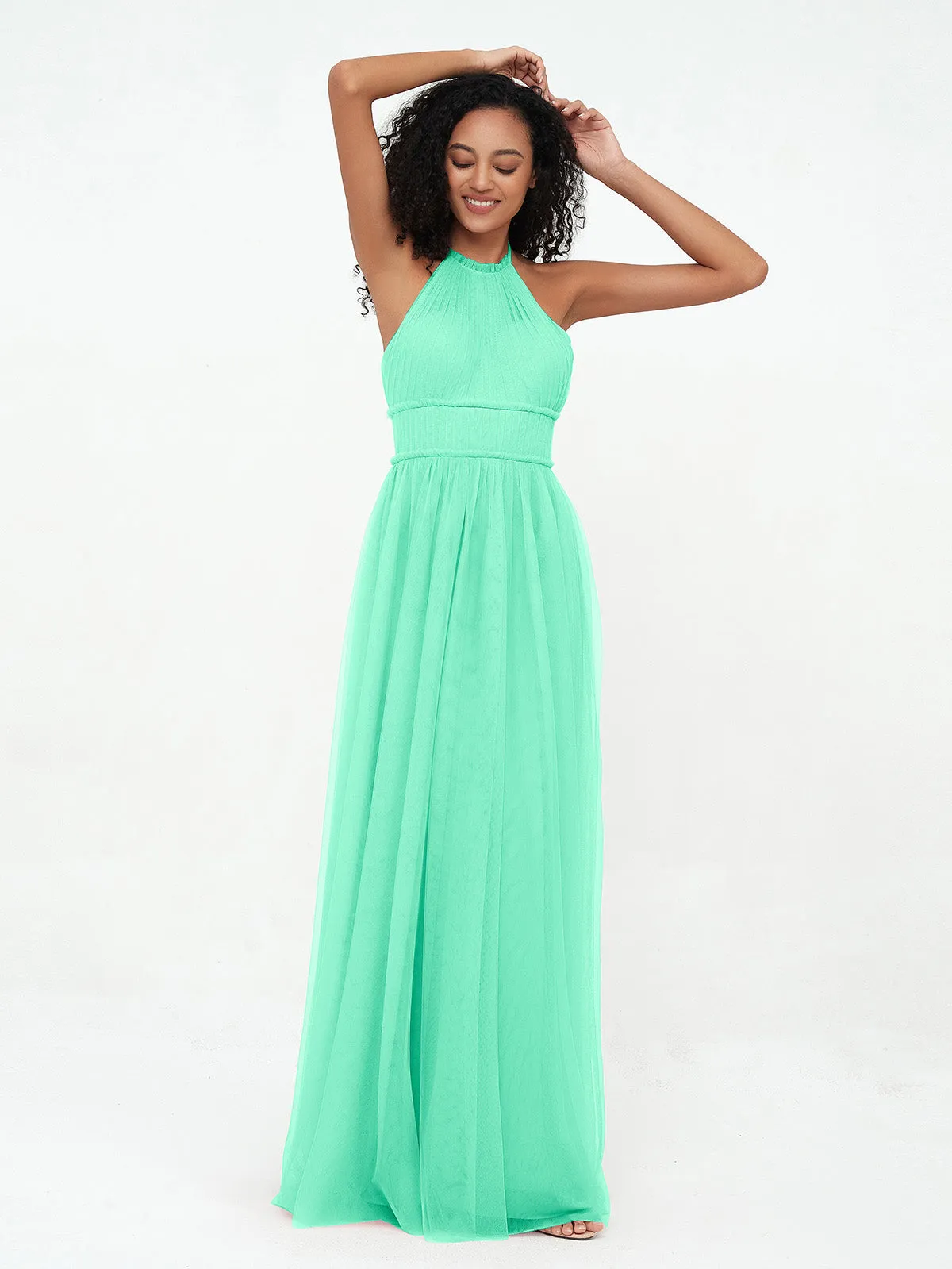 Illusion Halter Tulle Maxi Boho Dresses-Turquoise