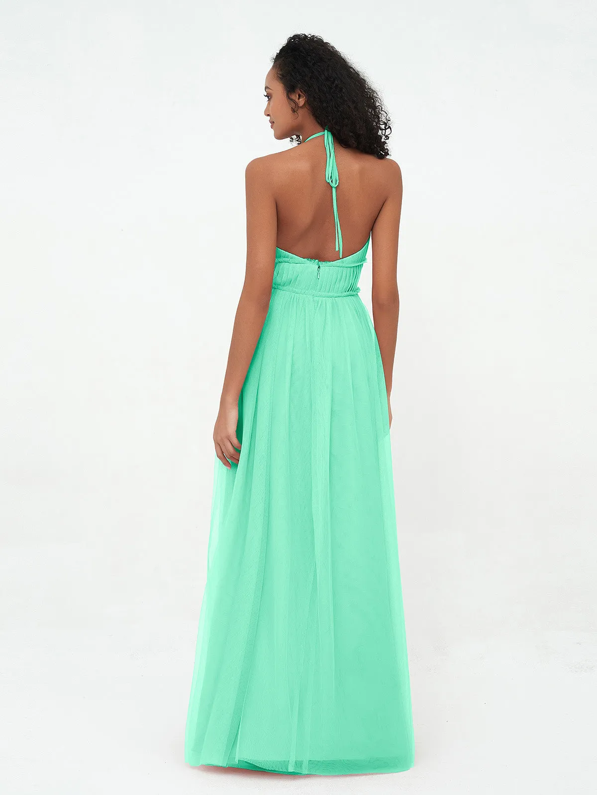 Illusion Halter Tulle Maxi Boho Dresses-Turquoise