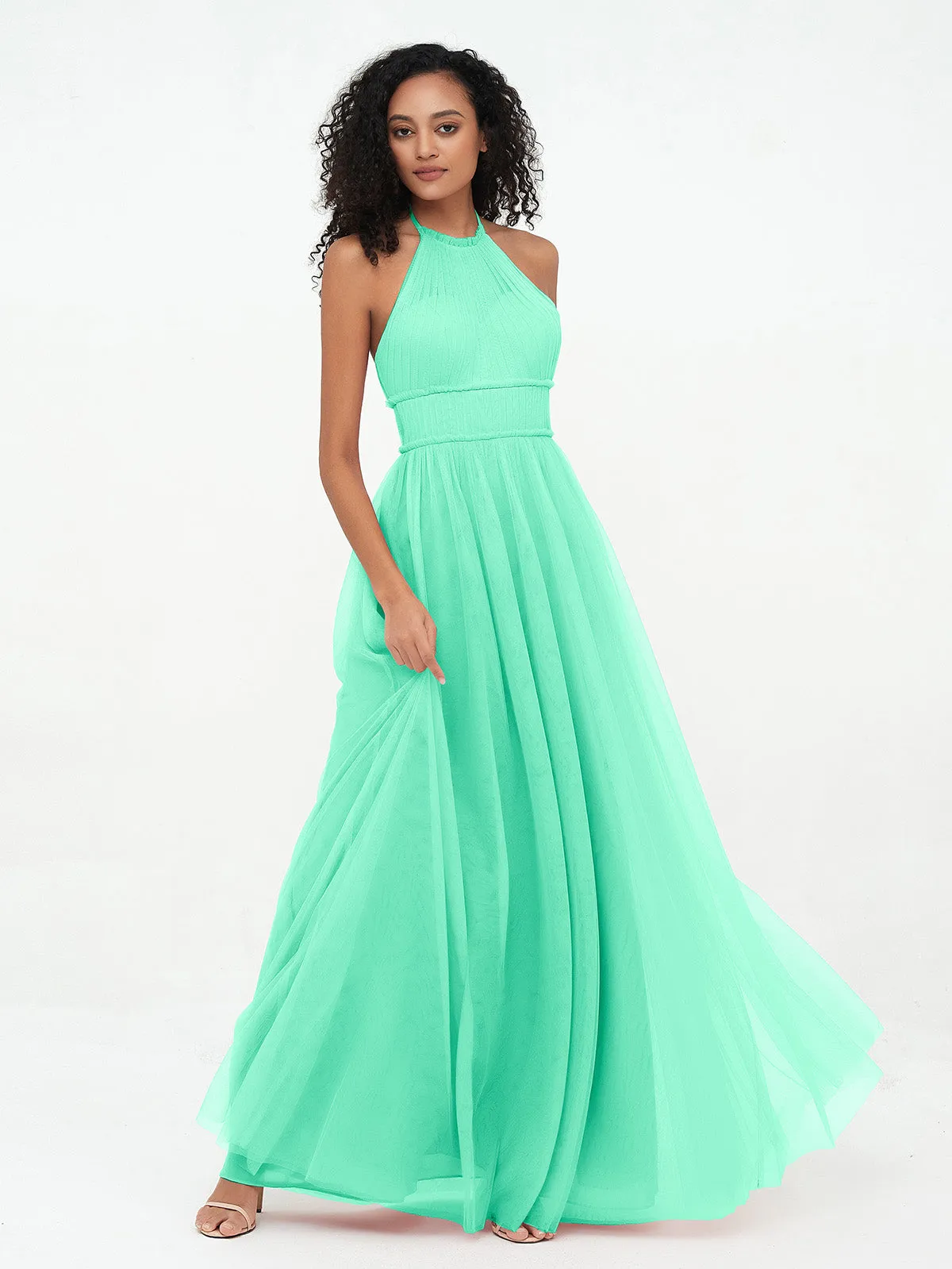 Illusion Halter Tulle Maxi Boho Dresses-Turquoise