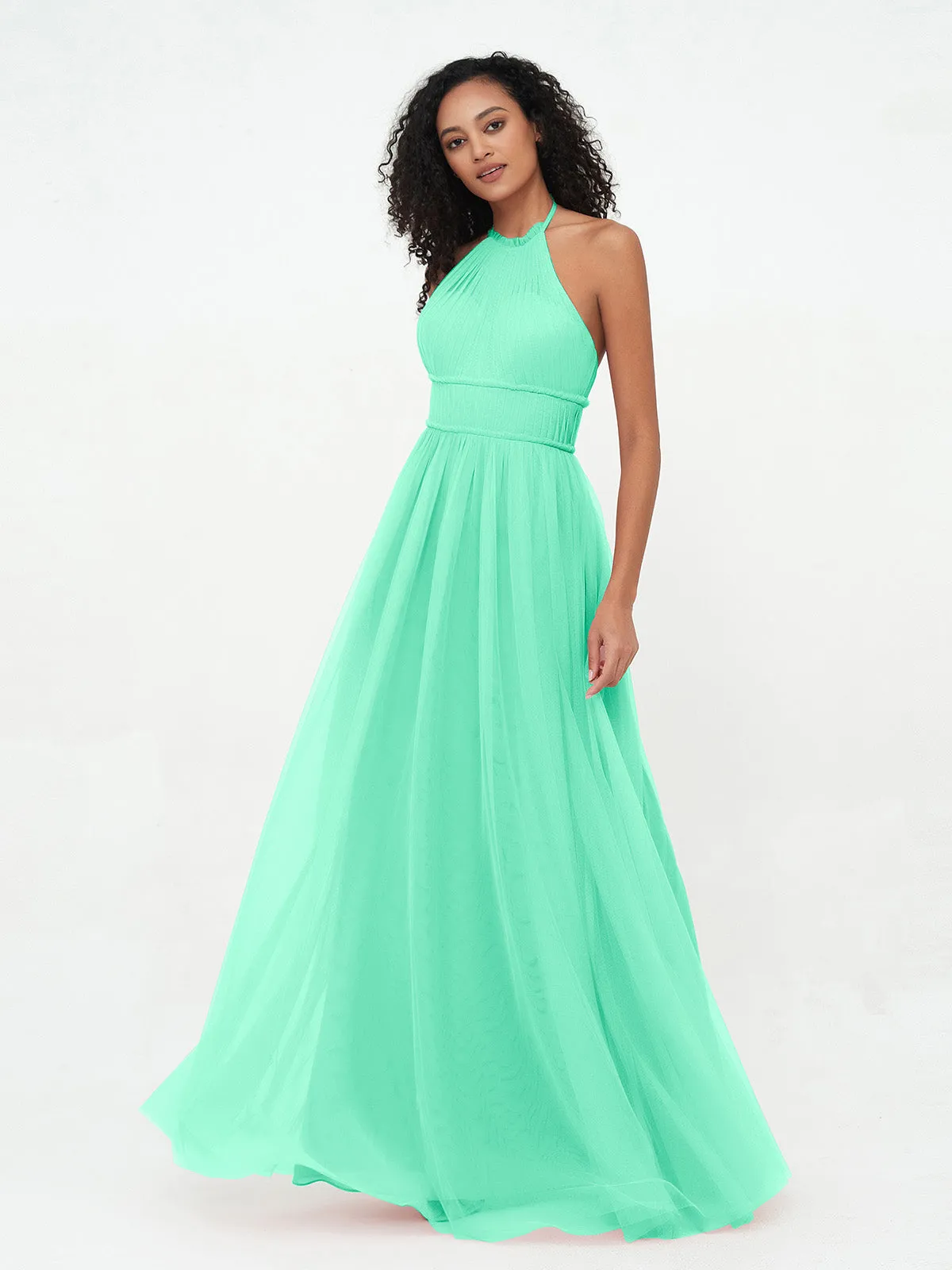 Illusion Halter Tulle Maxi Boho Dresses-Turquoise