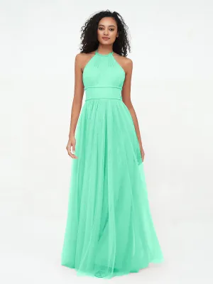 Illusion Halter Tulle Maxi Boho Dresses-Turquoise