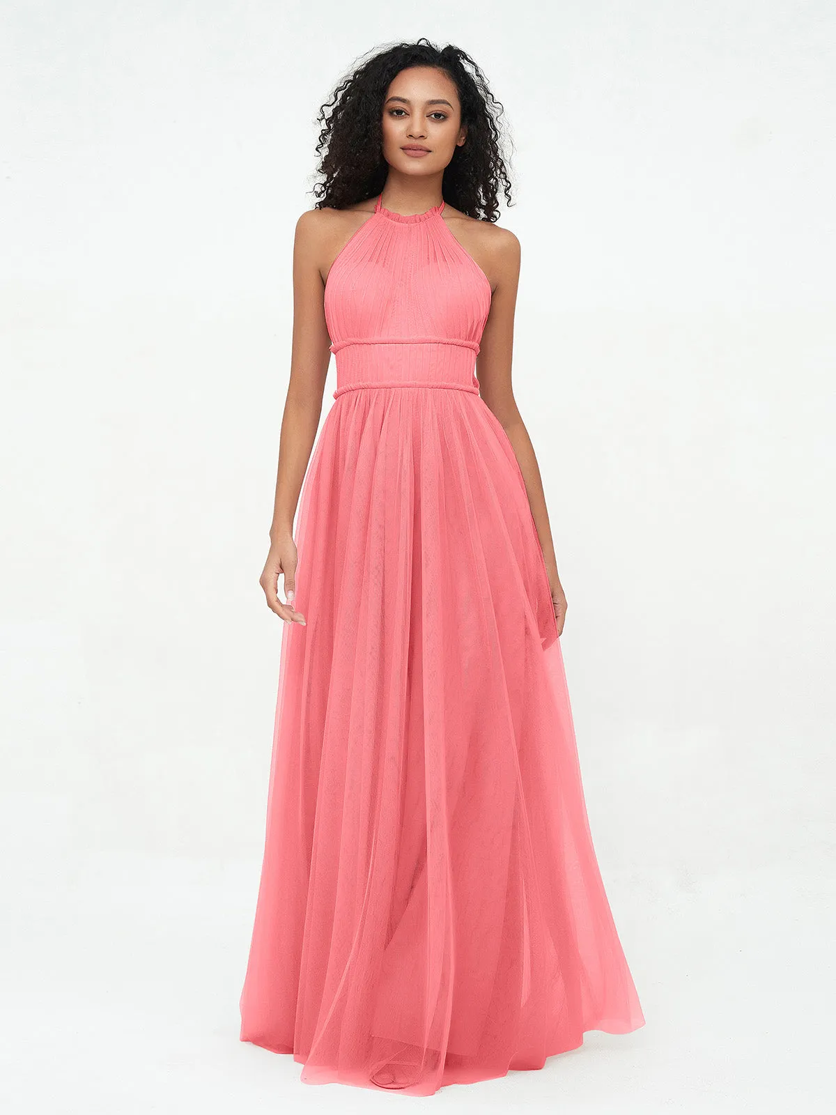Illusion Halter Tulle Maxi Boho Dresses-Watermelon