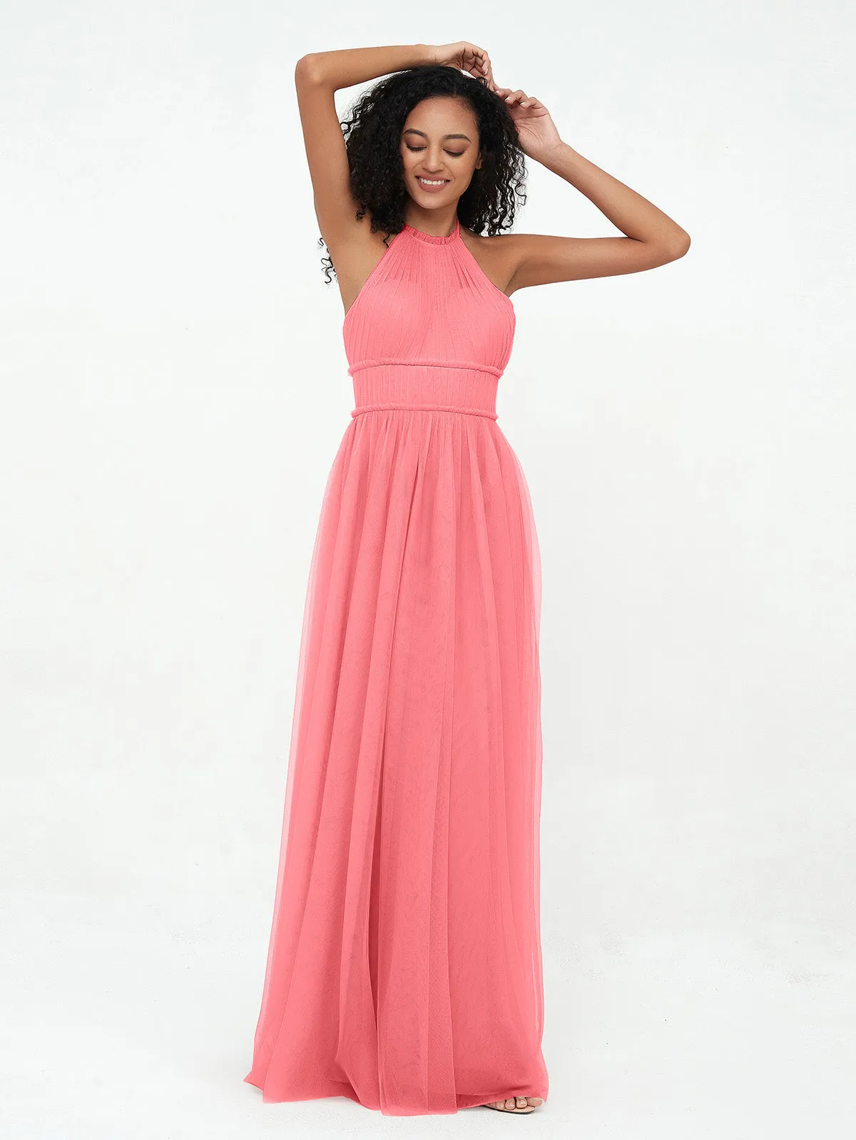 Illusion Halter Tulle Maxi Boho Dresses-Watermelon