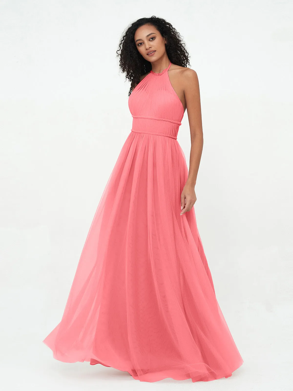 Illusion Halter Tulle Maxi Boho Dresses-Watermelon