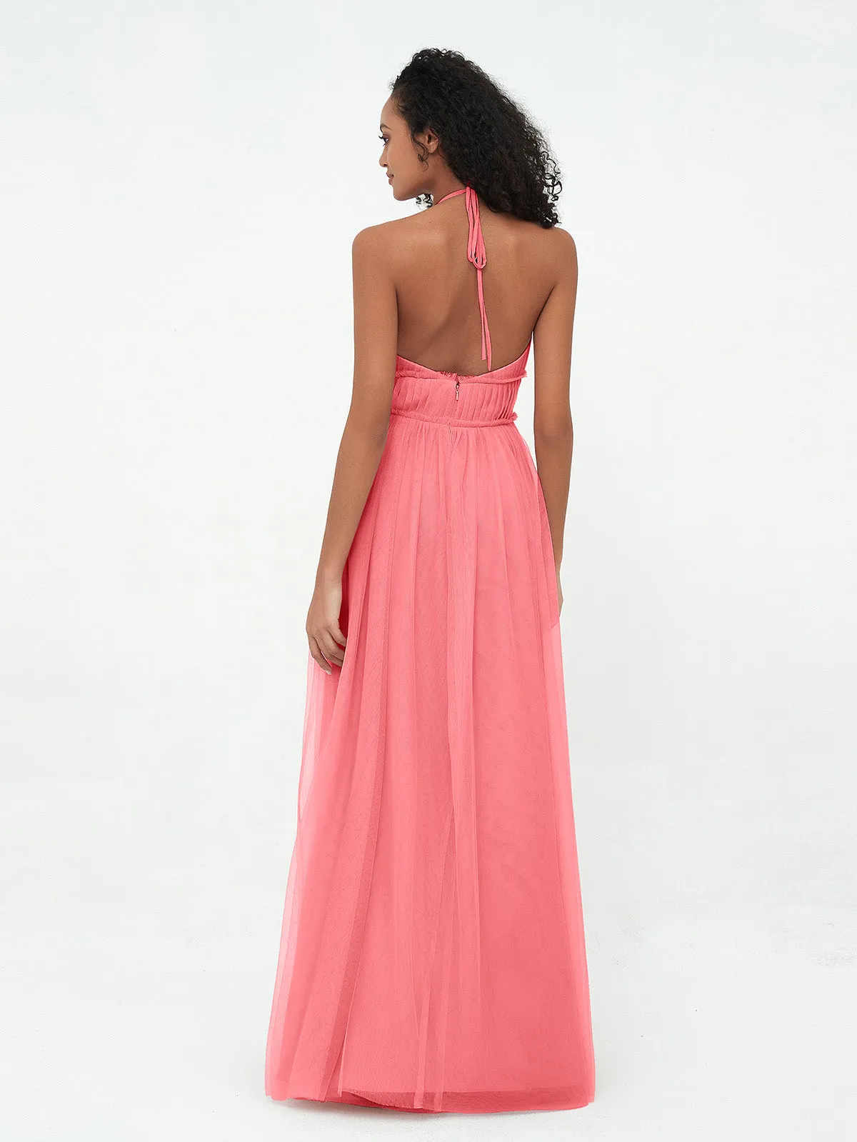 Illusion Halter Tulle Maxi Boho Dresses-Watermelon