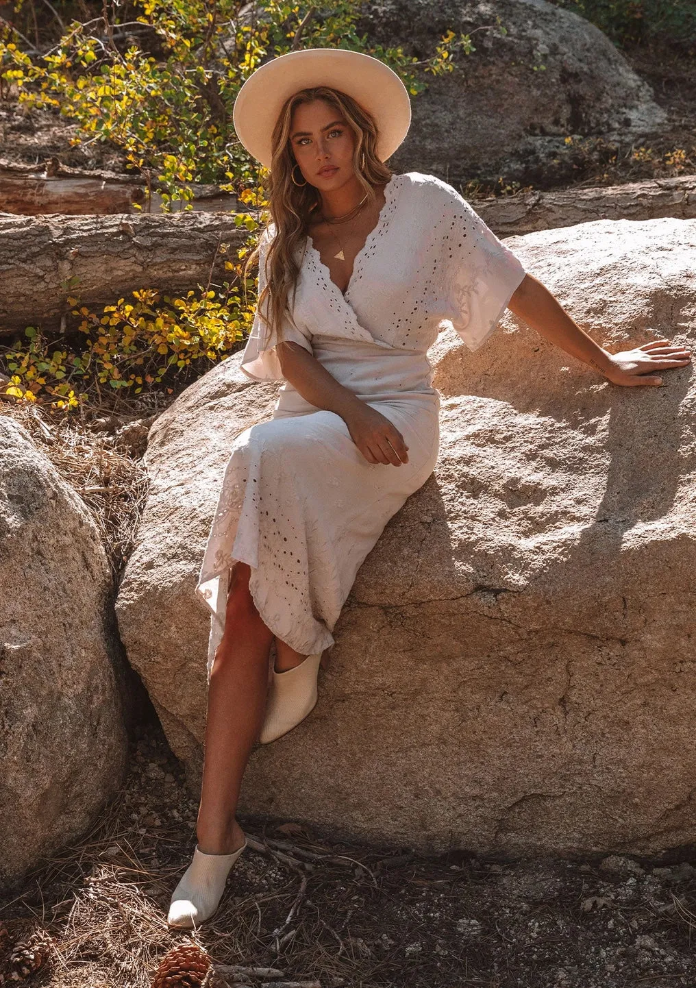 In The Moment - Eyelet Embroidered Kimono Sleeve Midi Dress
