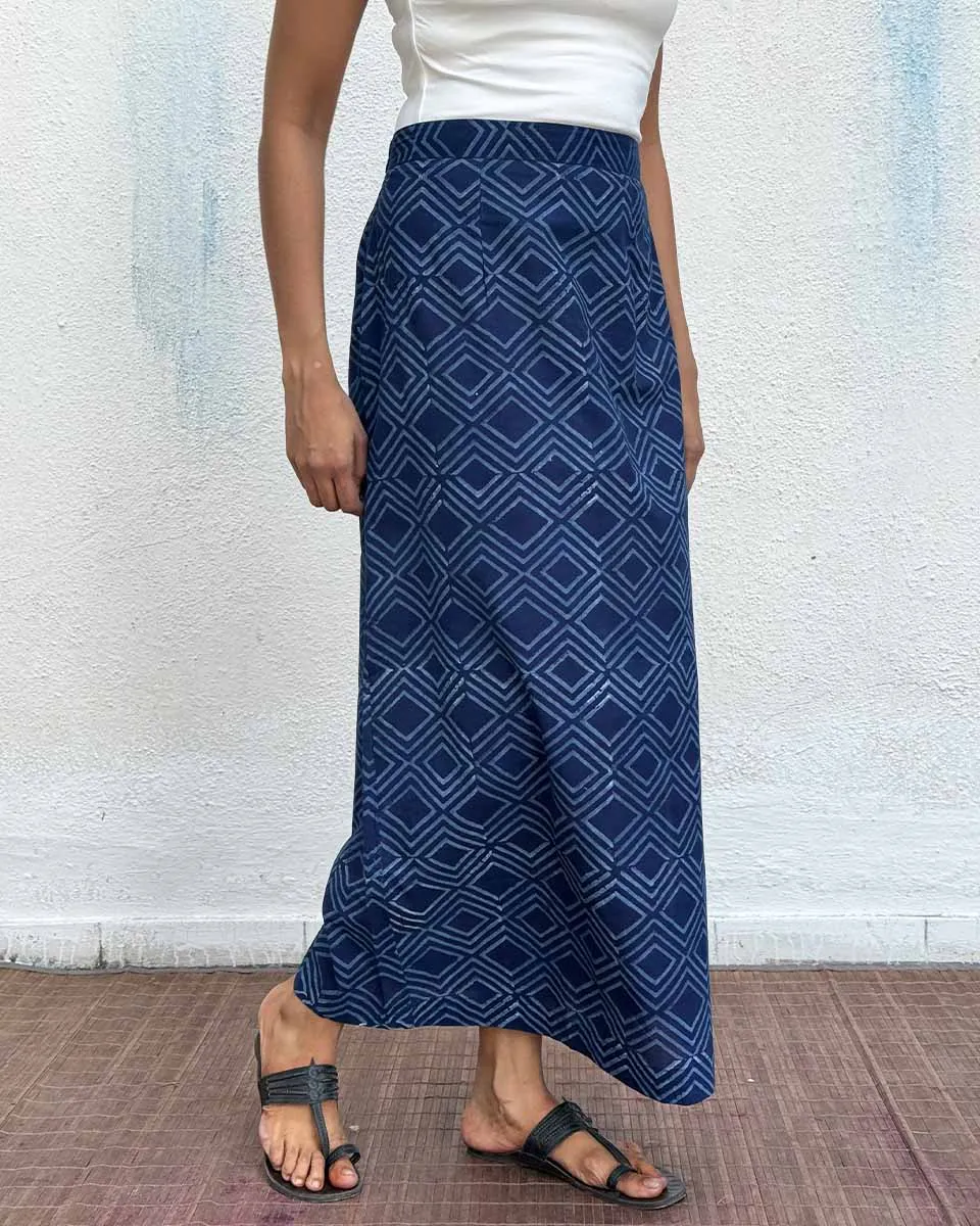 Indigo Bunting Blockprinted Cotton Skirt