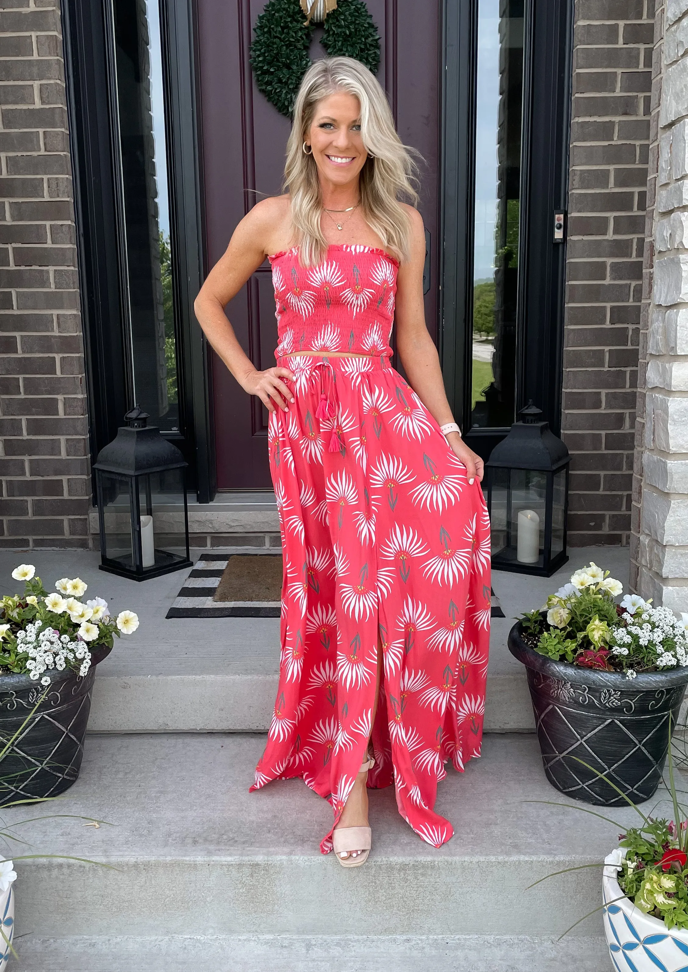 Isle Of Palms Smocked Crop Top/Maxi Skirt Matching Set: Coral