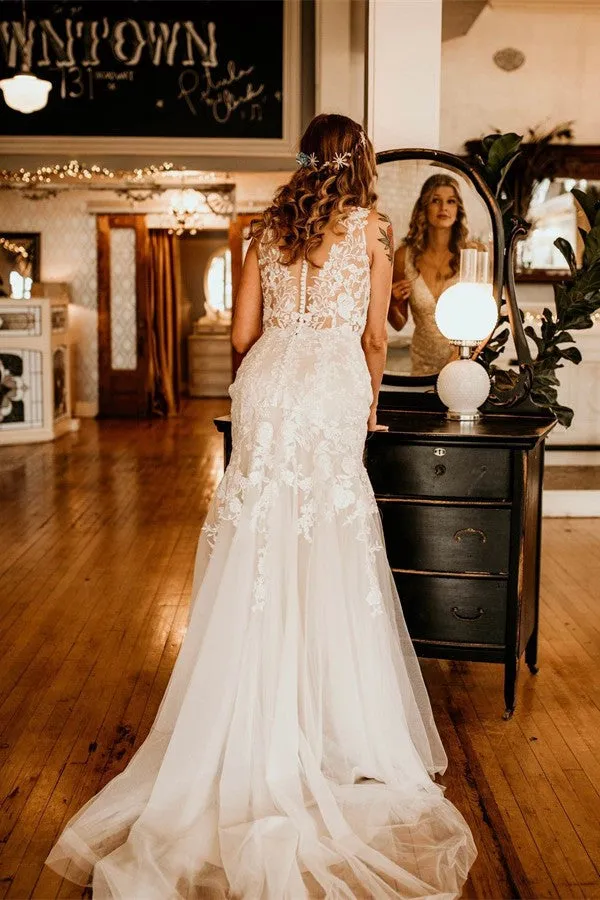 Ivory Long Mermaid V-neck Straps Tulle Lace Wedding Dress with Ruffles