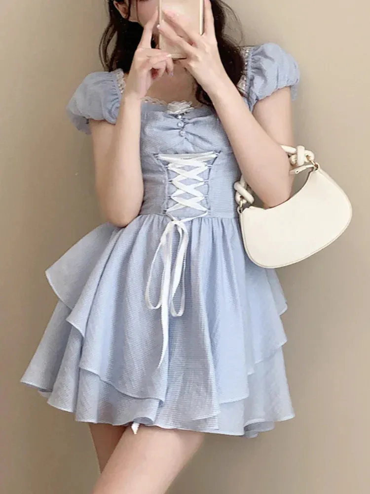 Kamames Elegant Y2k Mini Dress Women Kawaii Causal Short Party Dress Office Lady French Fairy Lace Dress Short Sleeve Summer Design