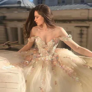 Kamames  Fairy Ball Gown Princess Prom Dresses Off the Shoulder Sweetheart Floral Appliques Formal Party Dresses Tulle Long Evening Gowns
