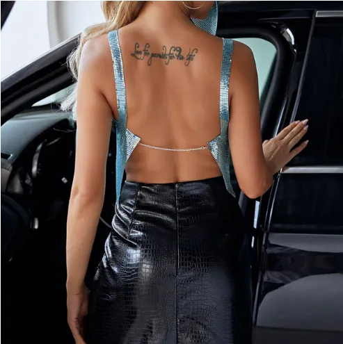Kamames Handmade Backless Sequin Metal Mesh Dress Women Chain Halter Rhinestone Chain Slit Night Club Birthday Party Dress Mini