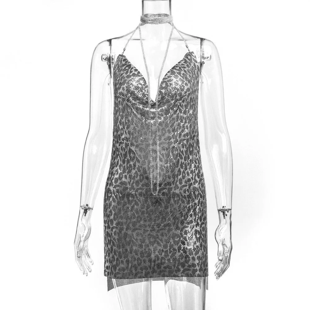 Kamames Handmade Backless Sequin Metal Mesh Dress Women Chain Halter Rhinestone Chain Slit Night Club Birthday Party Dress Mini
