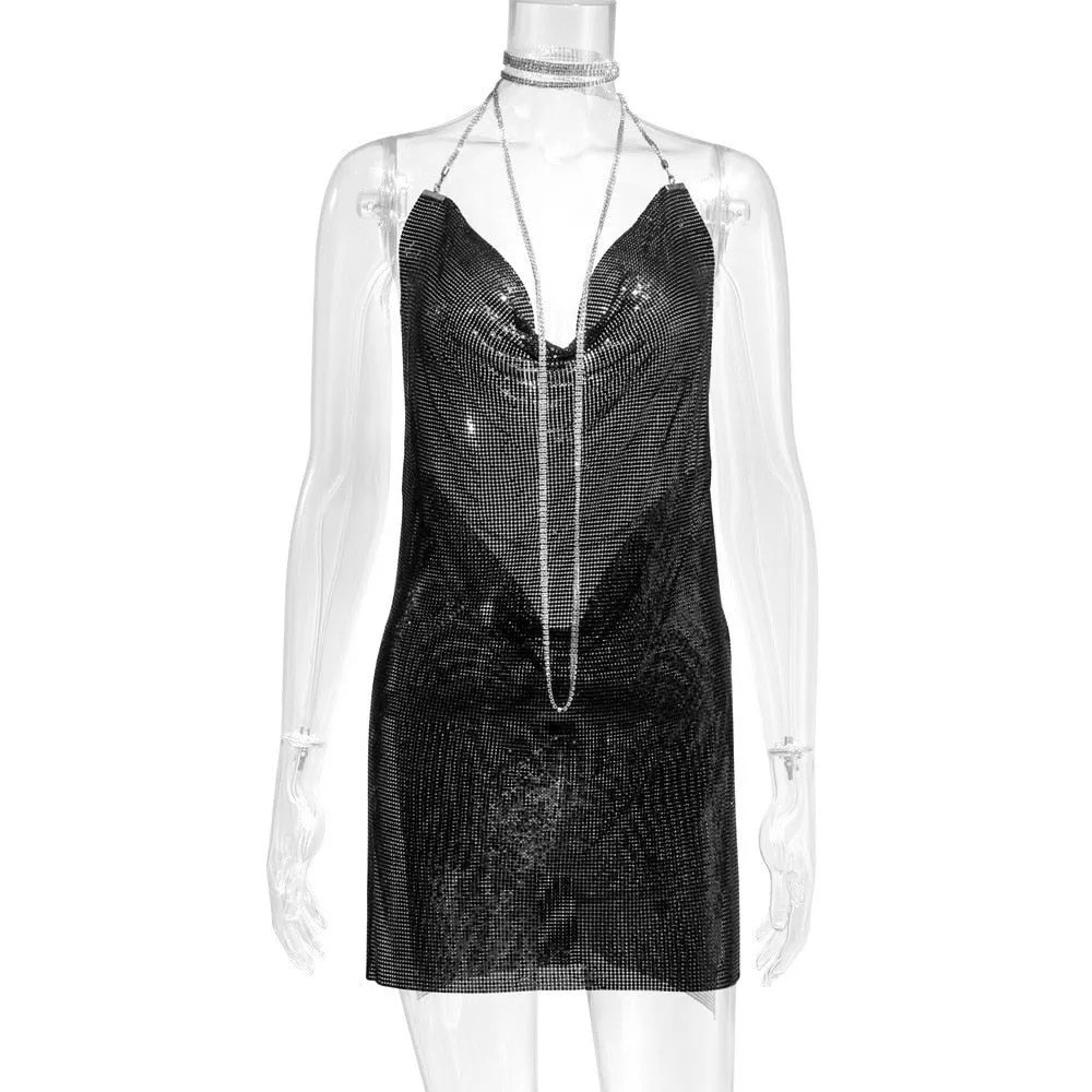 Kamames Handmade Backless Sequin Metal Mesh Dress Women Chain Halter Rhinestone Chain Slit Night Club Birthday Party Dress Mini