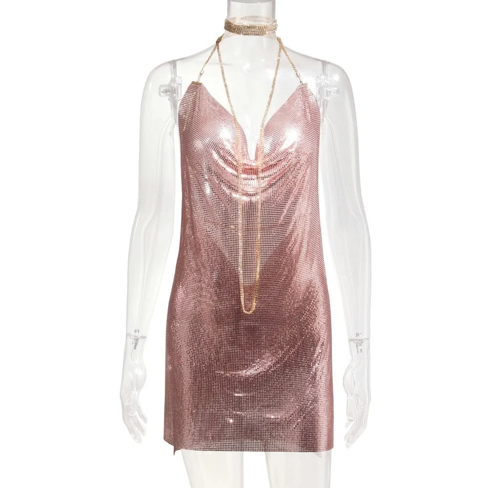 Kamames Handmade Backless Sequin Metal Mesh Dress Women Chain Halter Rhinestone Chain Slit Night Club Birthday Party Dress Mini