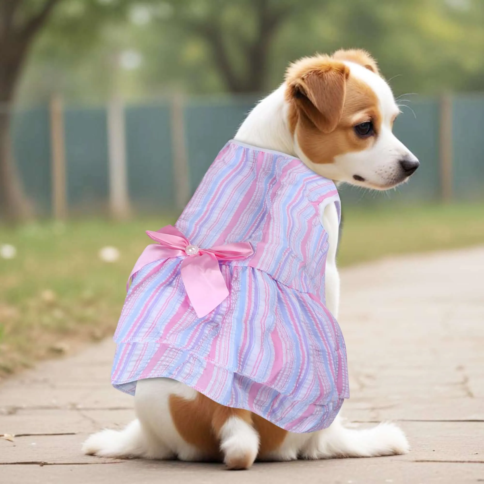KUTKUT Small Dog Cat Girl Casual Dress Cute Bowknot Tutu Summer Dress Striped Dog Clothes for Small Dogs Girl ShihTzu, Bichon, ToyPoodle Cat Pet Apparel Outfits