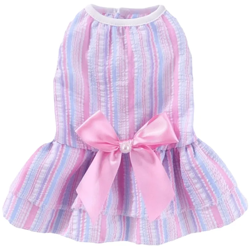 KUTKUT Small Dog Cat Girl Casual Dress Cute Bowknot Tutu Summer Dress Striped Dog Clothes for Small Dogs Girl ShihTzu, Bichon, ToyPoodle Cat Pet Apparel Outfits