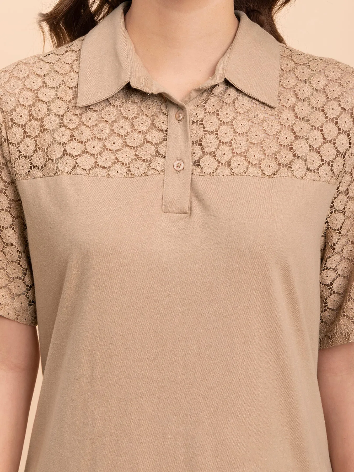 Lace Detail Shift Dress - Beige