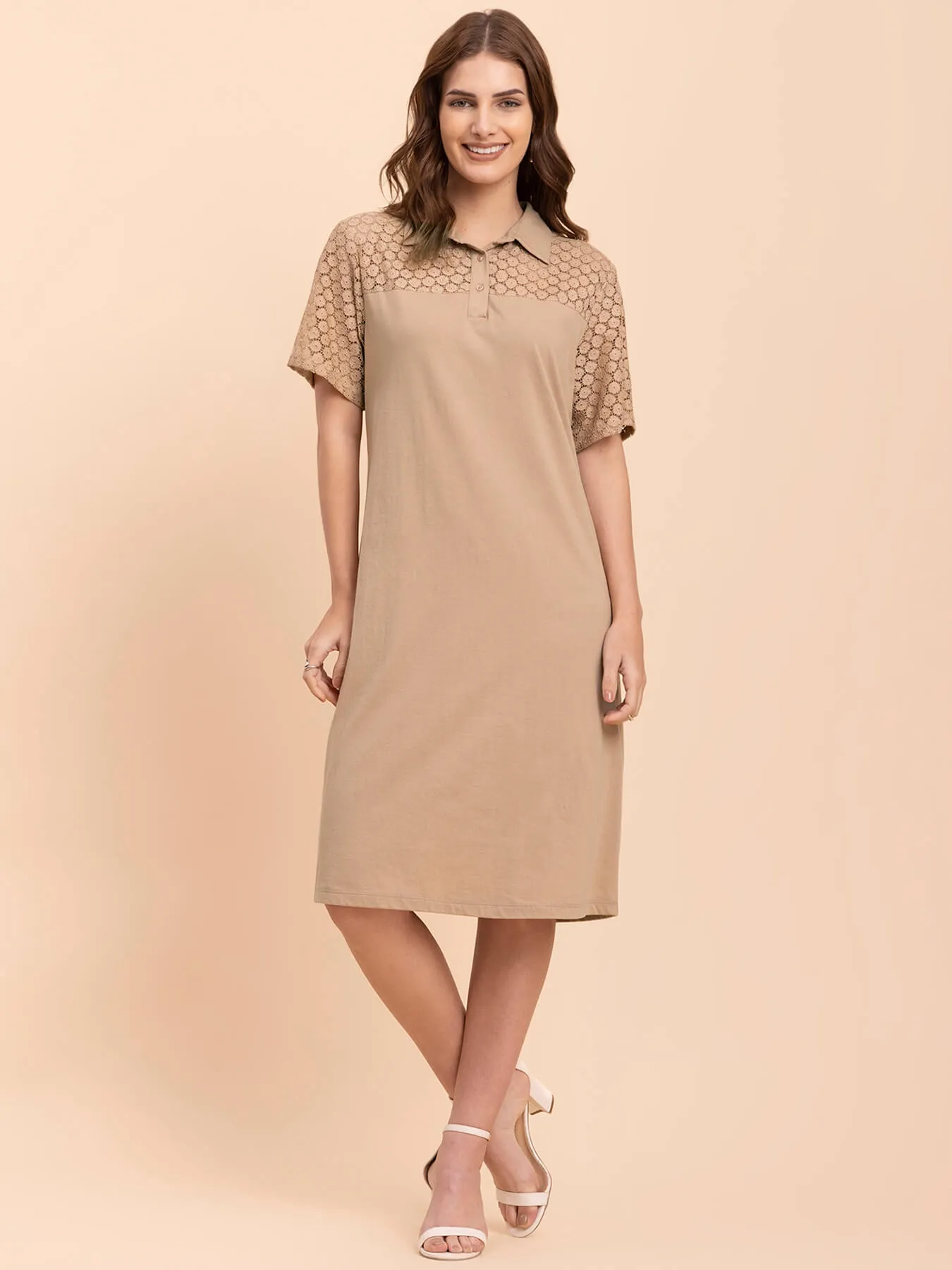 Lace Detail Shift Dress - Beige