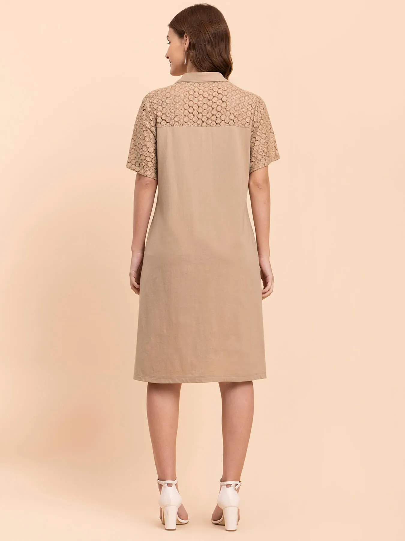 Lace Detail Shift Dress - Beige