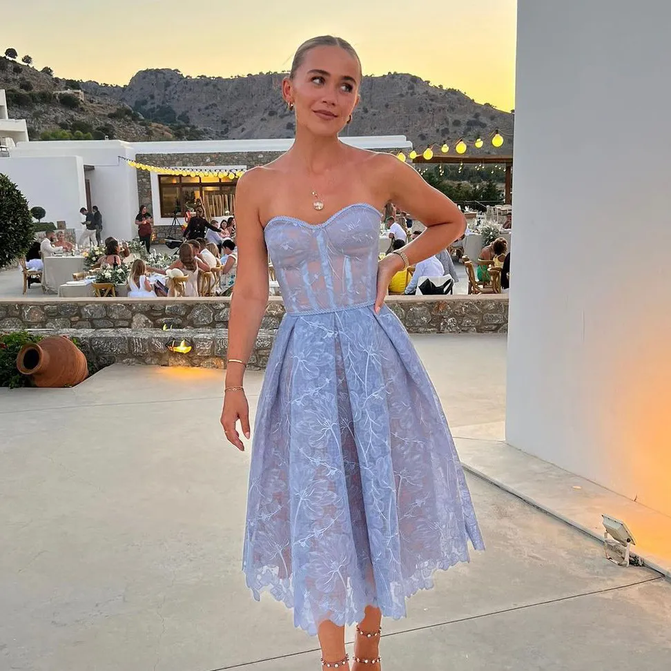 Lace Embroidered Strapless Midi Prom Dress