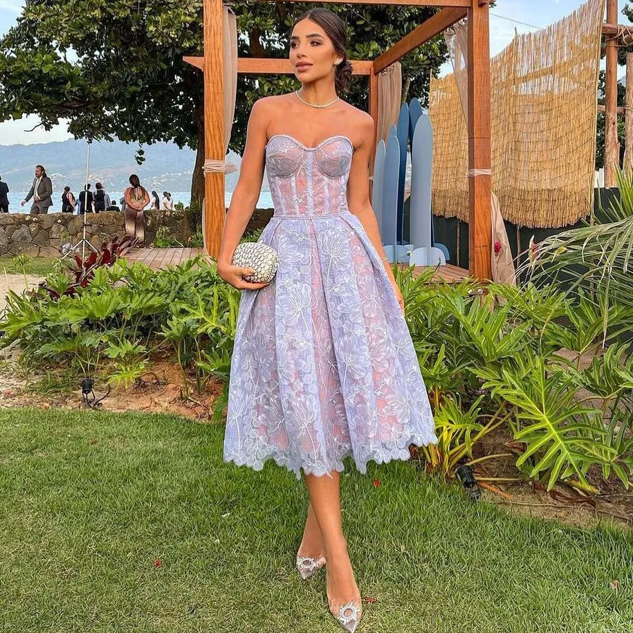 Lace Embroidered Strapless Midi Prom Dress